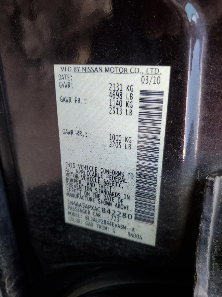 2010 Nissan Maxima S VIN: 1N4AA5APXAC842280 Lot: 90009955