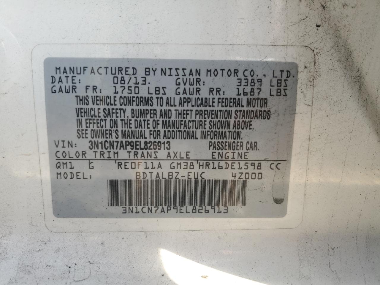 2014 Nissan Versa S VIN: 3N1CN7AP9EL826913 Lot: 83759325