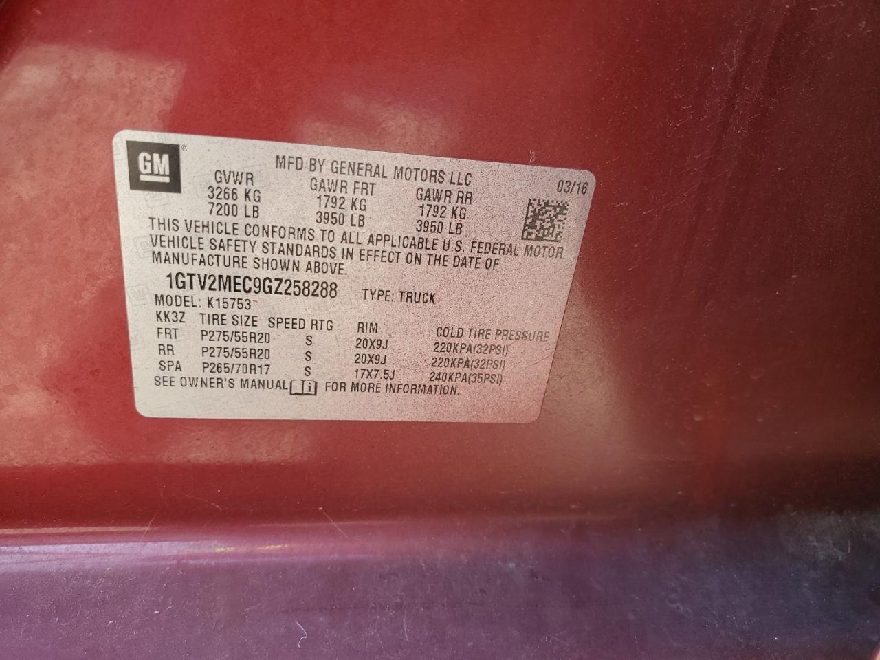 2016 GMC Sierra K1500 Sle VIN: 1GTV2MEC9GZ258288 Lot: 70911215