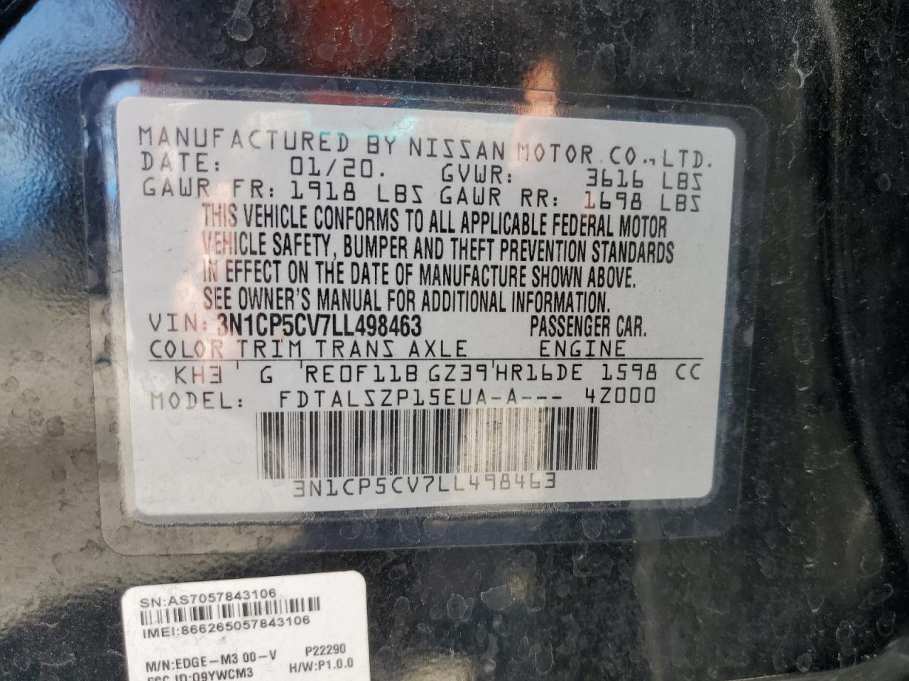 2020 Nissan Kicks Sv VIN: 3N1CP5CV7LL498463 Lot: 71852015