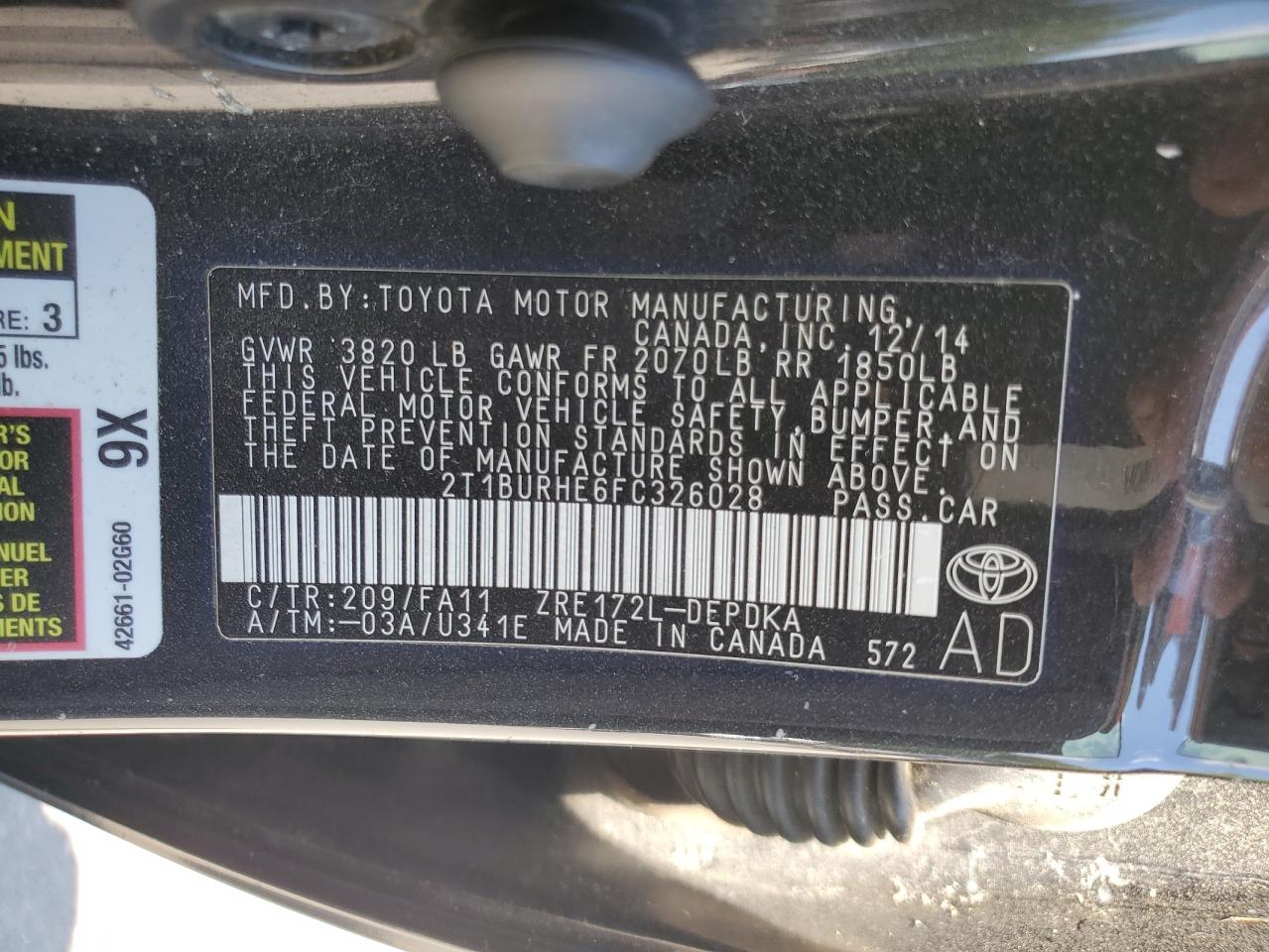 2015 Toyota Corolla L VIN: 2T1BURHE6FC326028 Lot: 70263265