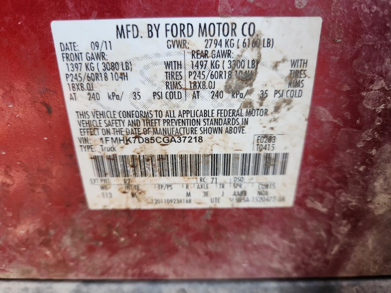 2012 Ford Explorer Xlt VIN: 1FMHK7D85CGA37218 Lot: 80828815