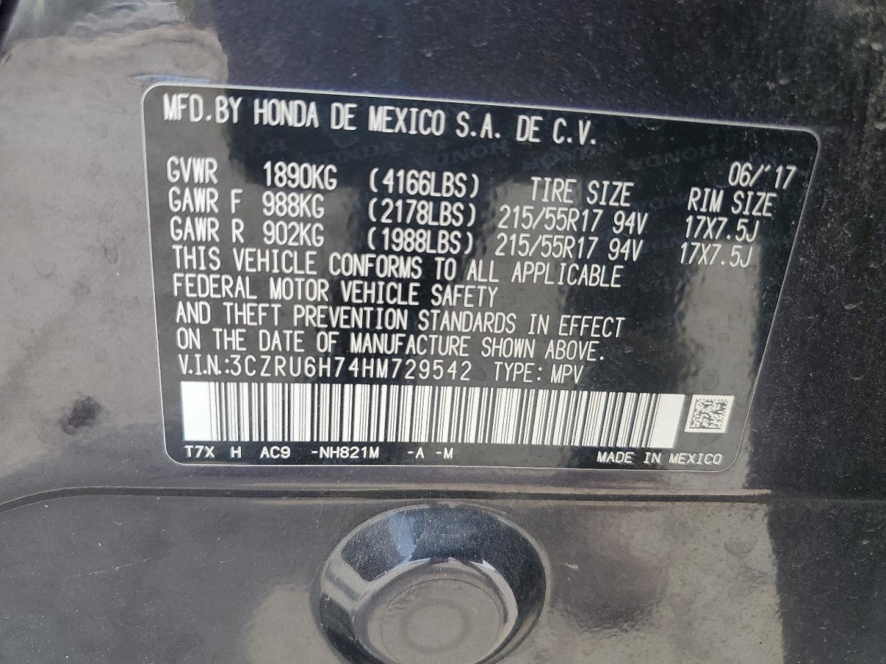 2017 Honda Hr-V Exl VIN: 3CZRU6H74HM729542 Lot: 80681295
