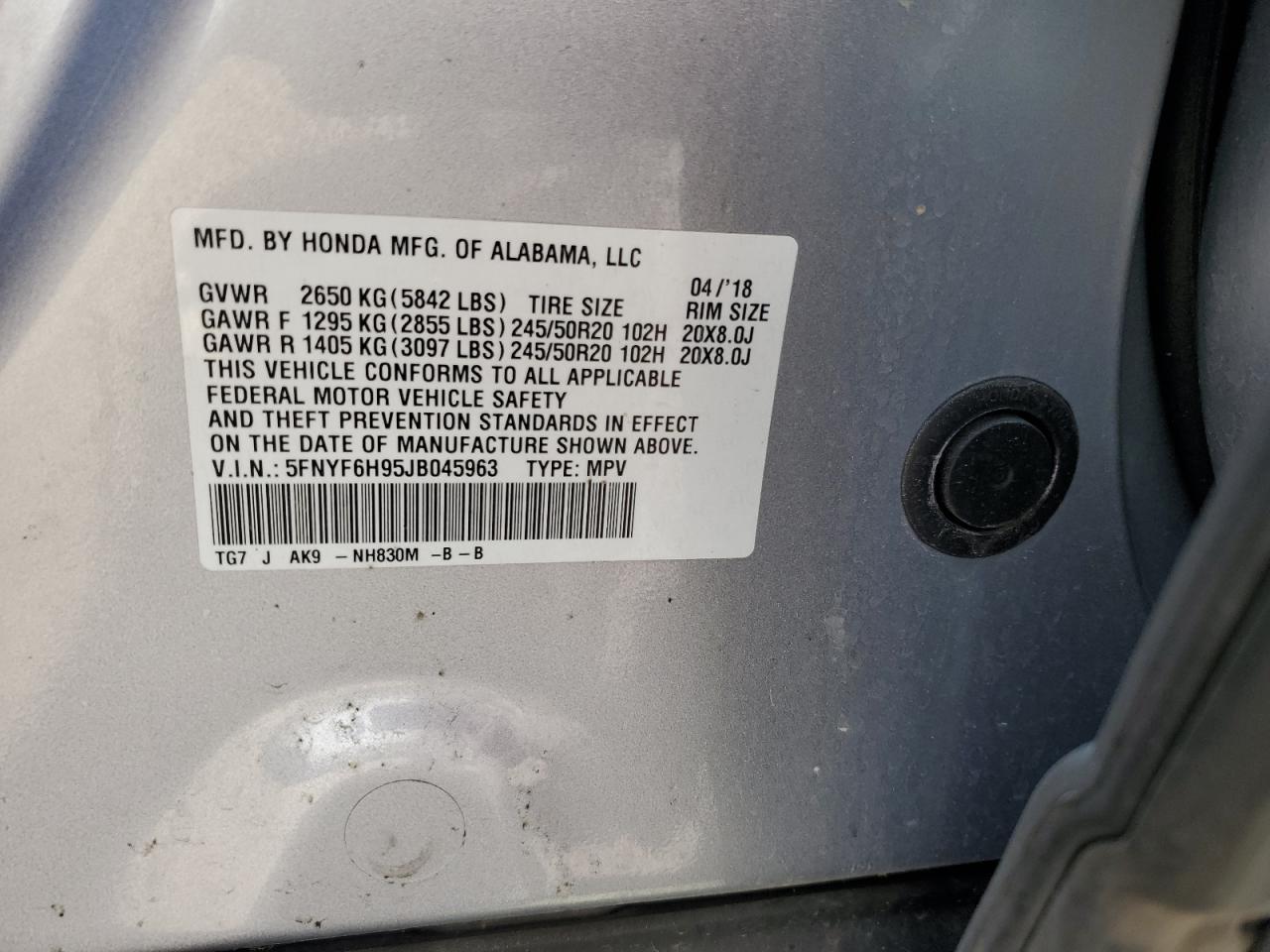 2018 Honda Pilot Touring VIN: 5FNYF6H95JB045963 Lot: 84263495