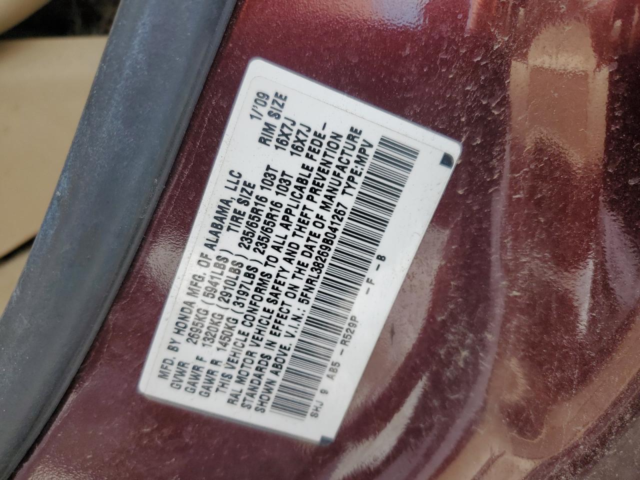 2009 Honda Odyssey Lx VIN: 5FNRL38269B041267 Lot: 83932335