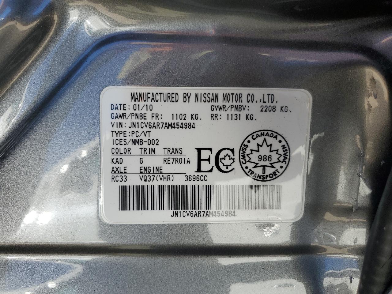 2010 Infiniti G37 VIN: JN1CV6AR7AM454984 Lot: 71285735