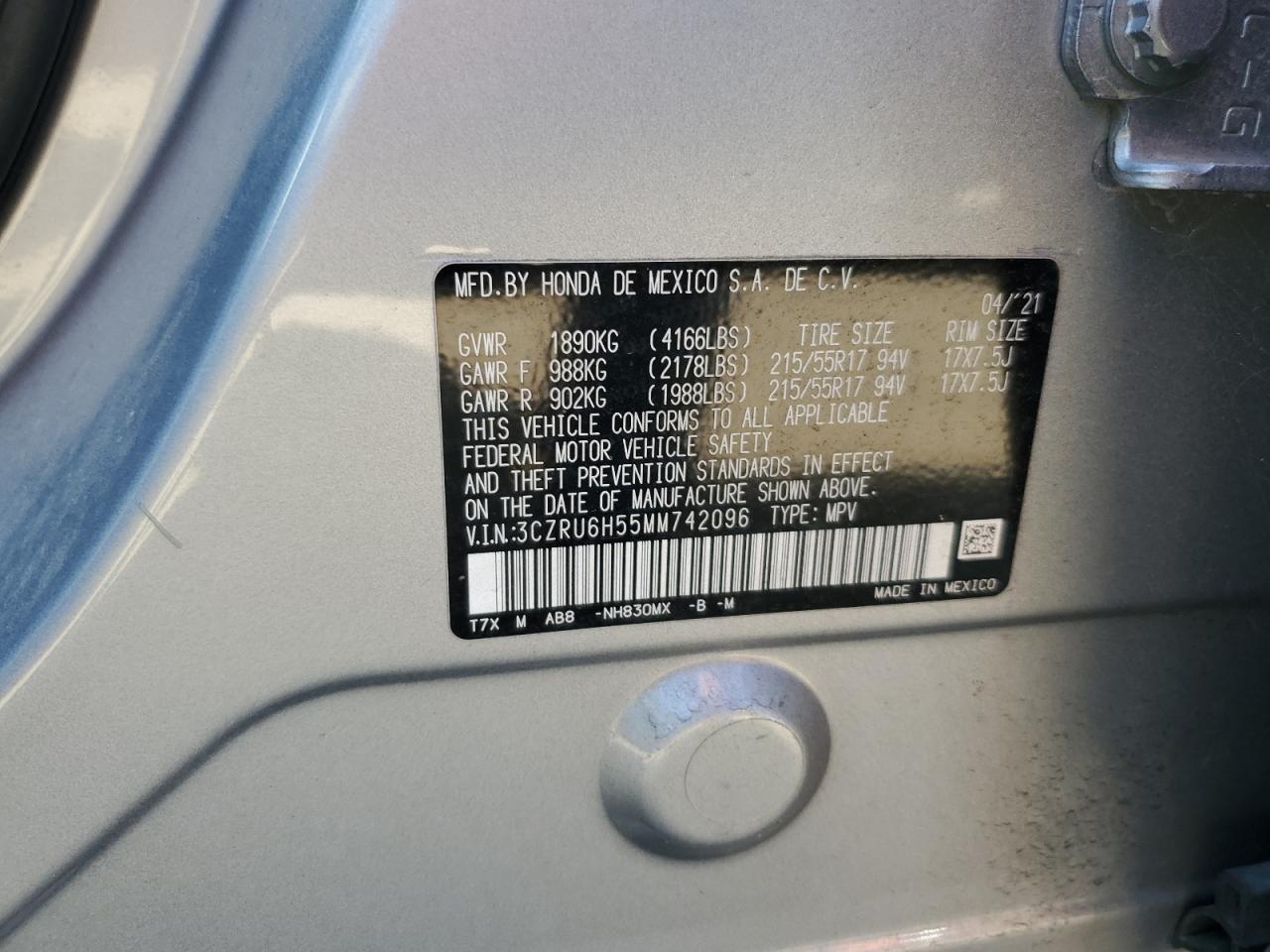 2021 Honda Hr-V Ex VIN: 3CZRU6H55MM742096 Lot: 80098705