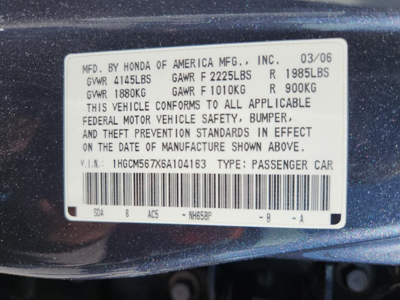 2006 Honda Accord Ex VIN: 1HGCM567X6A104163 Lot: 80219035