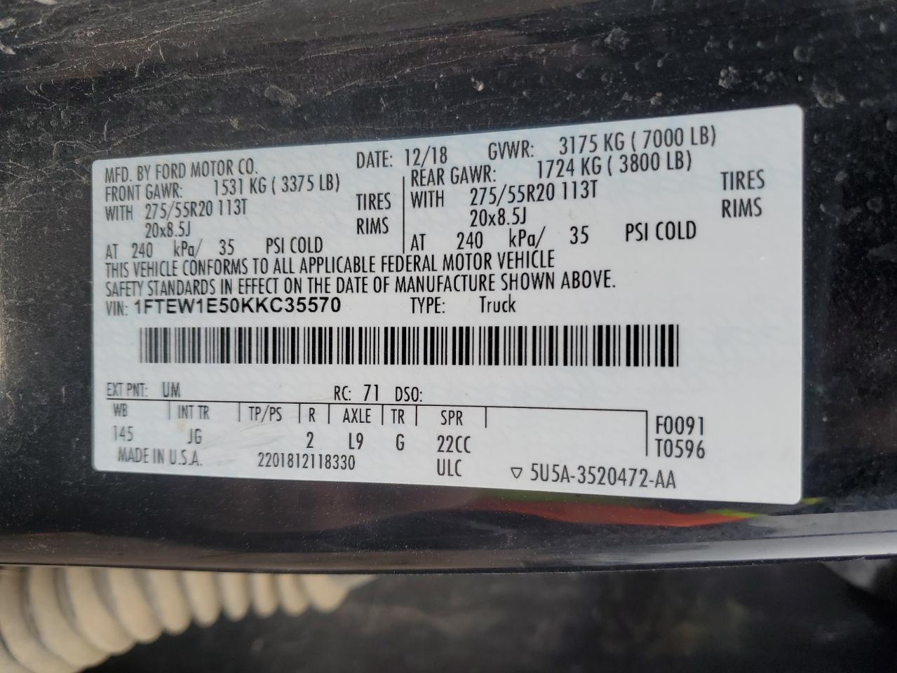 2019 Ford F150 Supercrew VIN: 1FTEW1E50KKC35570 Lot: 70984555