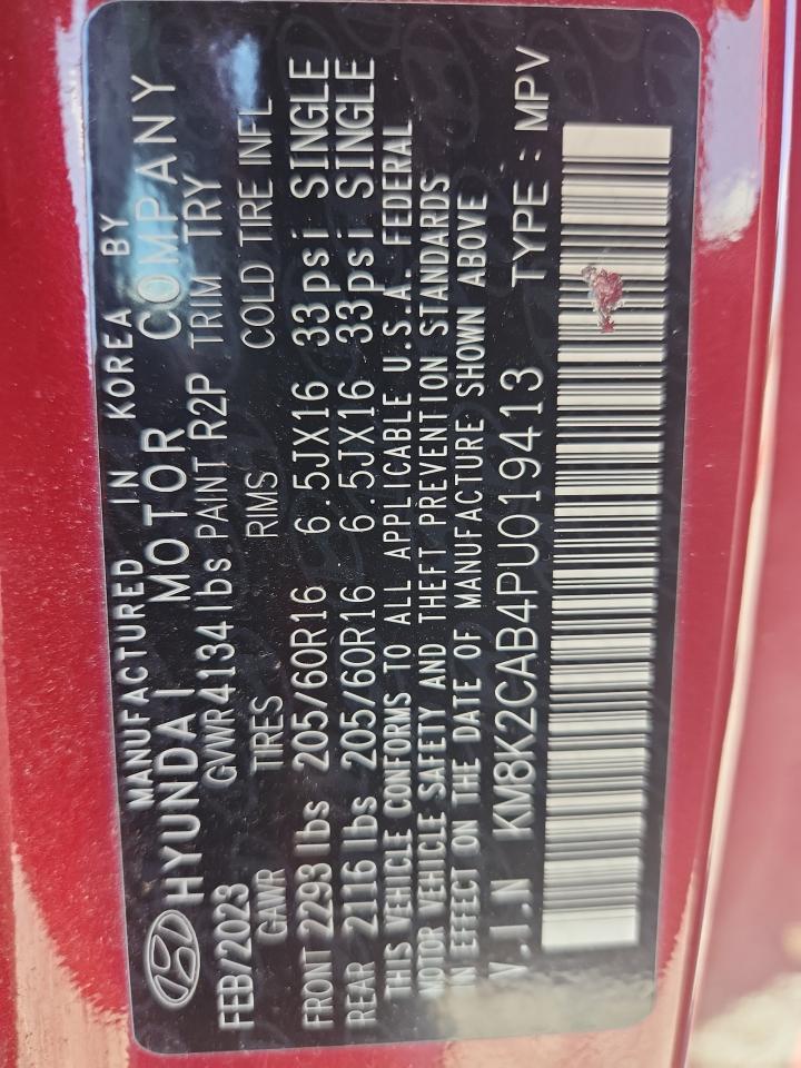 2023 Hyundai Kona Se VIN: KM8K2CAB4PU019413 Lot: 80839385