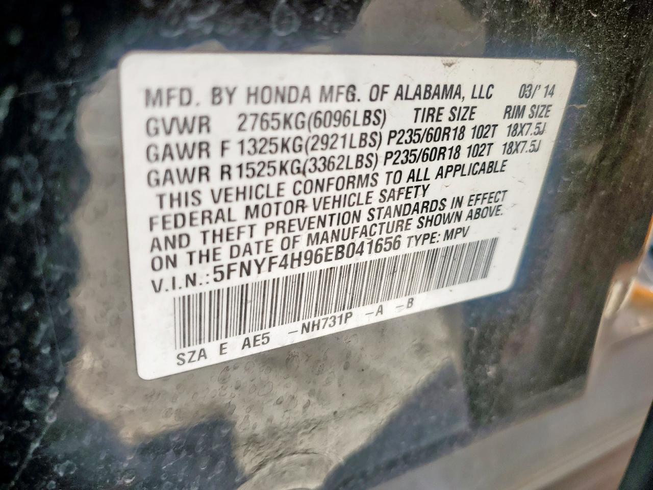 2014 Honda Pilot Touring VIN: 5FNYF4H96EB041656 Lot: 81832675