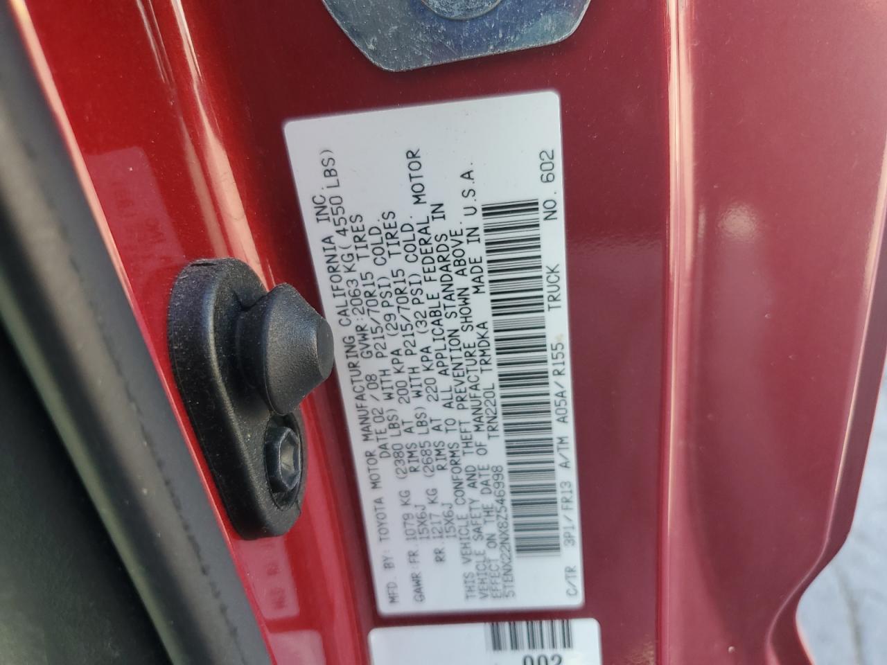 2008 Toyota Tacoma VIN: 5TENX22NX8Z546998 Lot: 80750085