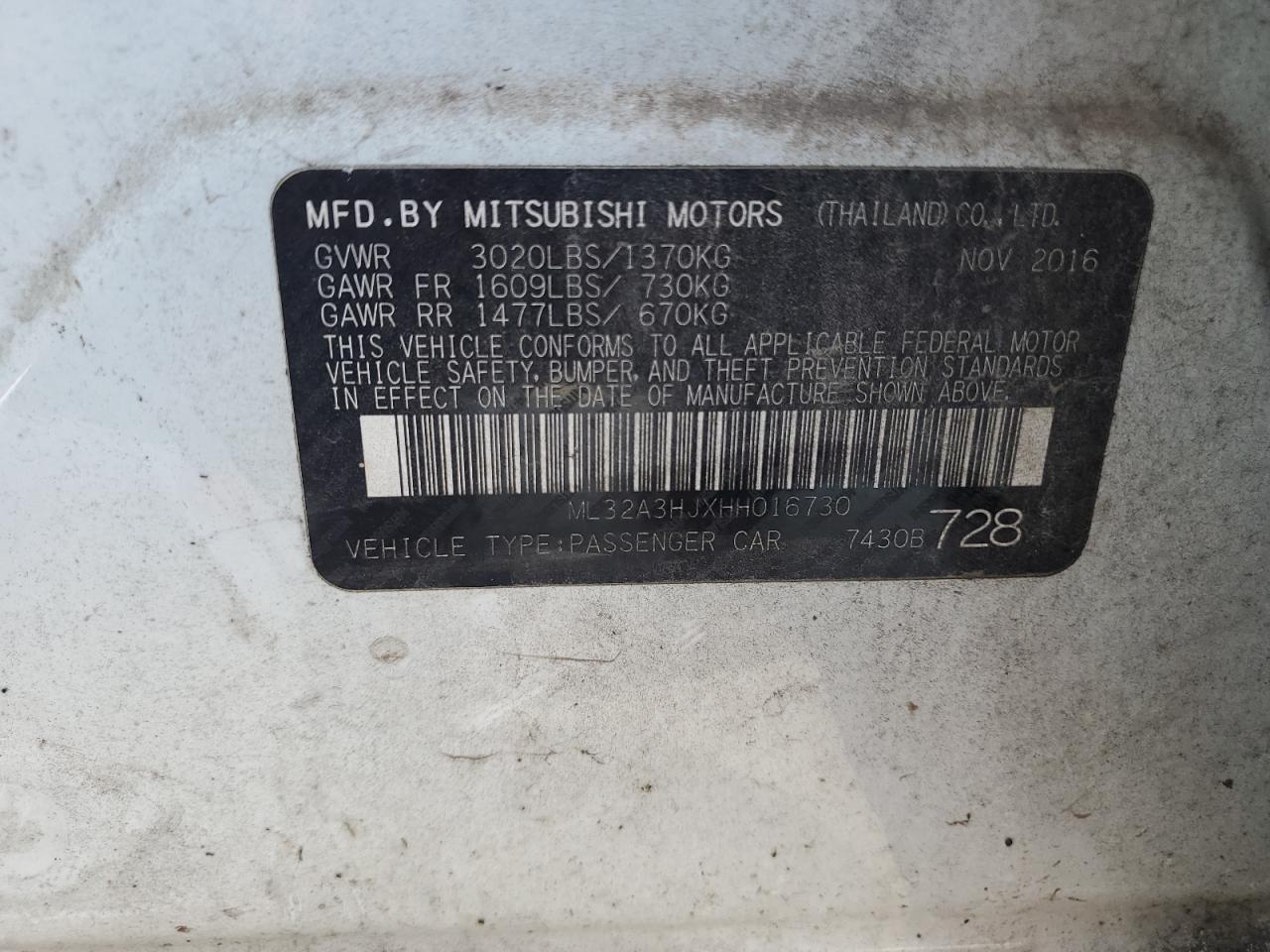 2017 Mitsubishi Mirage Es VIN: ML32A3HJXHH016730 Lot: 80940145
