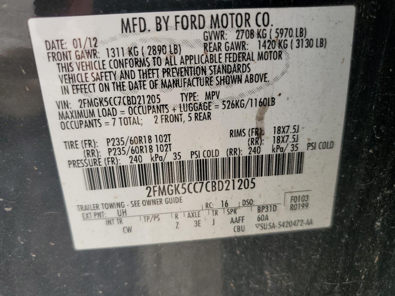 2012 Ford Flex Sel VIN: 2FMGK5CC7CBD21205 Lot: 80377265