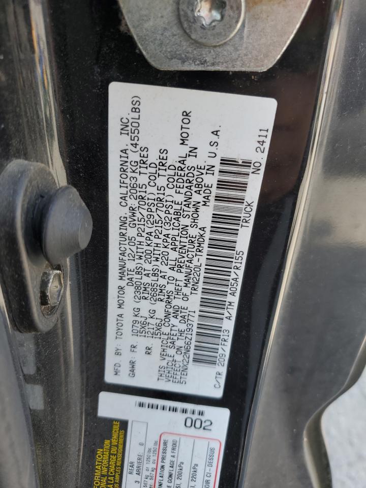 2006 Toyota Tacoma VIN: 5TENX22N66Z193771 Lot: 81008135