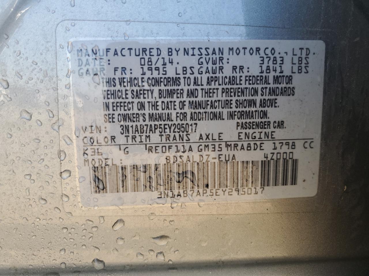 2014 Nissan Sentra S VIN: 3N1AB7AP5EY295017 Lot: 80404965