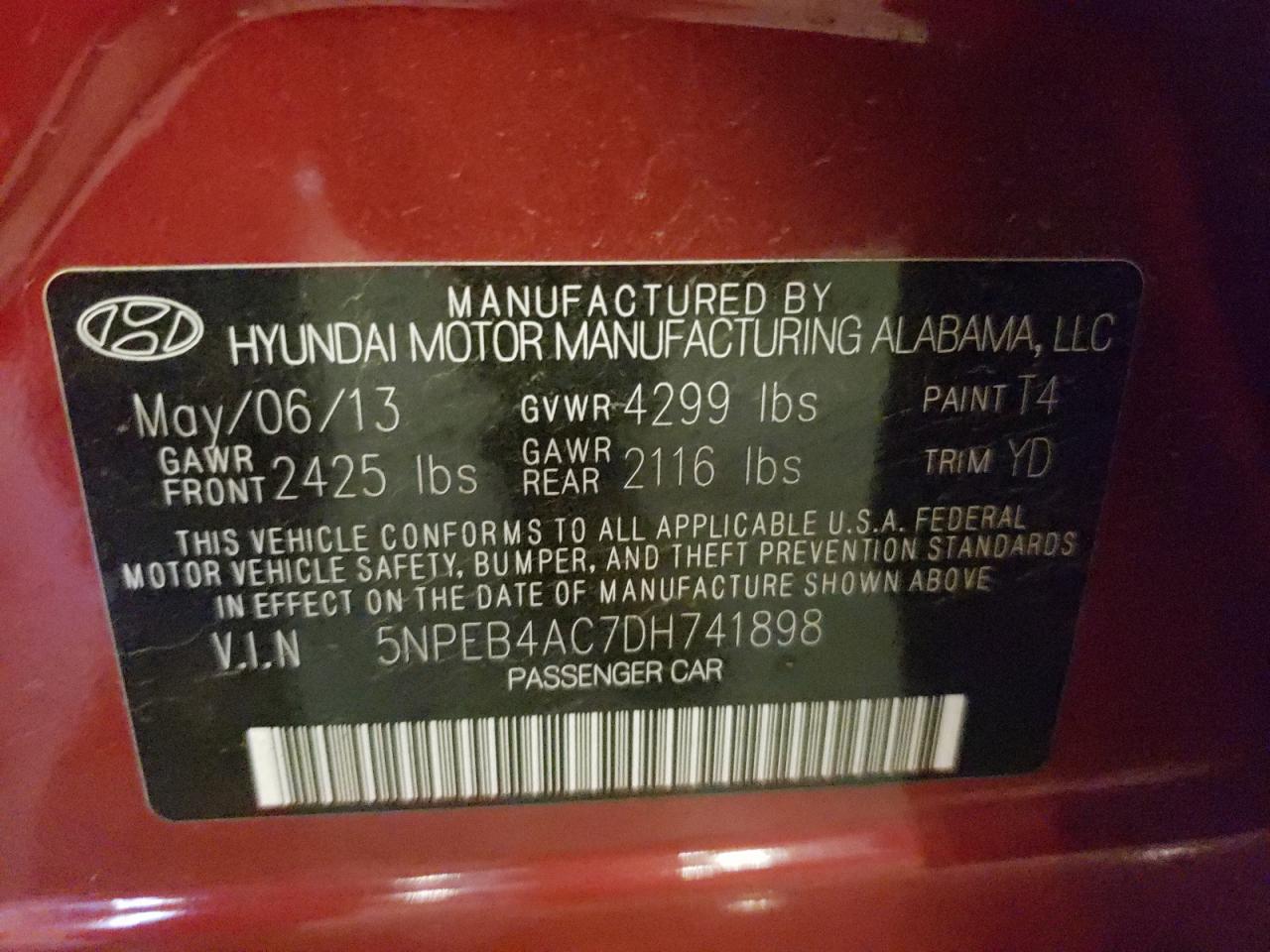 2013 Hyundai Sonata Gls VIN: 5NPEB4AC7DH741898 Lot: 71880345