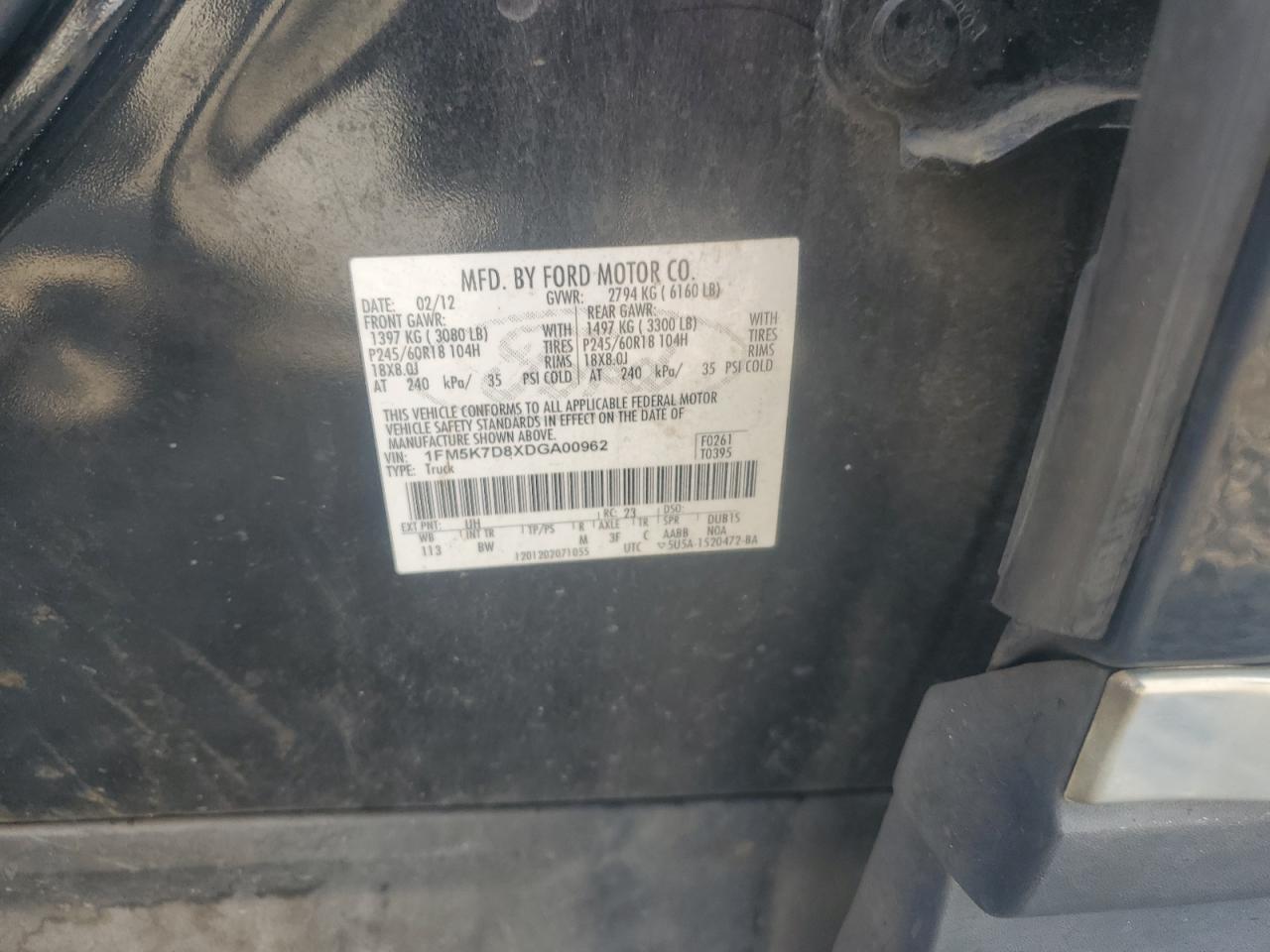 2013 Ford Explorer Xlt VIN: 1FM5K7D8XDGA00962 Lot: 80625955