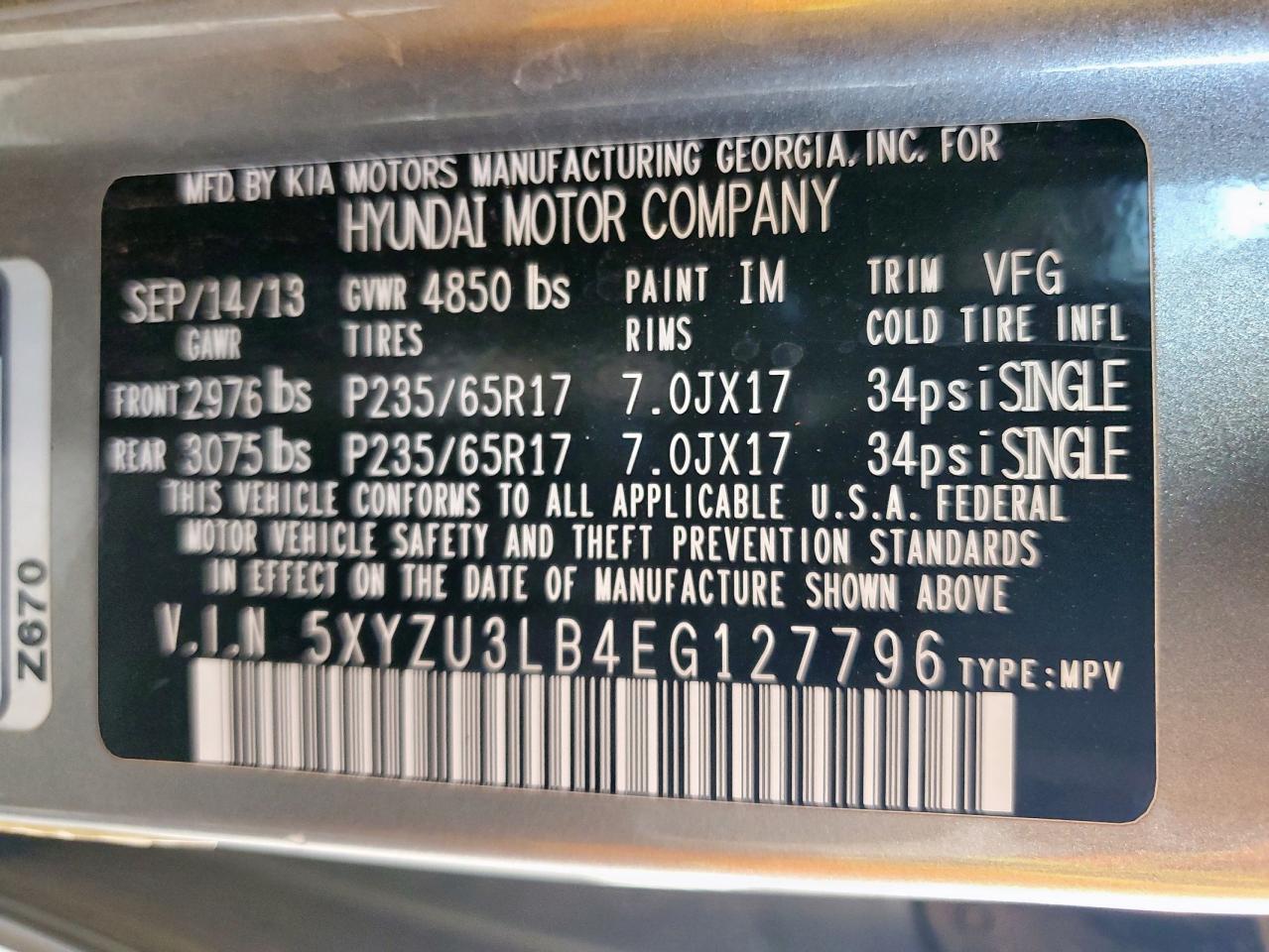 2014 Hyundai Santa Fe Sport VIN: 5XYZU3LB4EG127796 Lot: 72076425