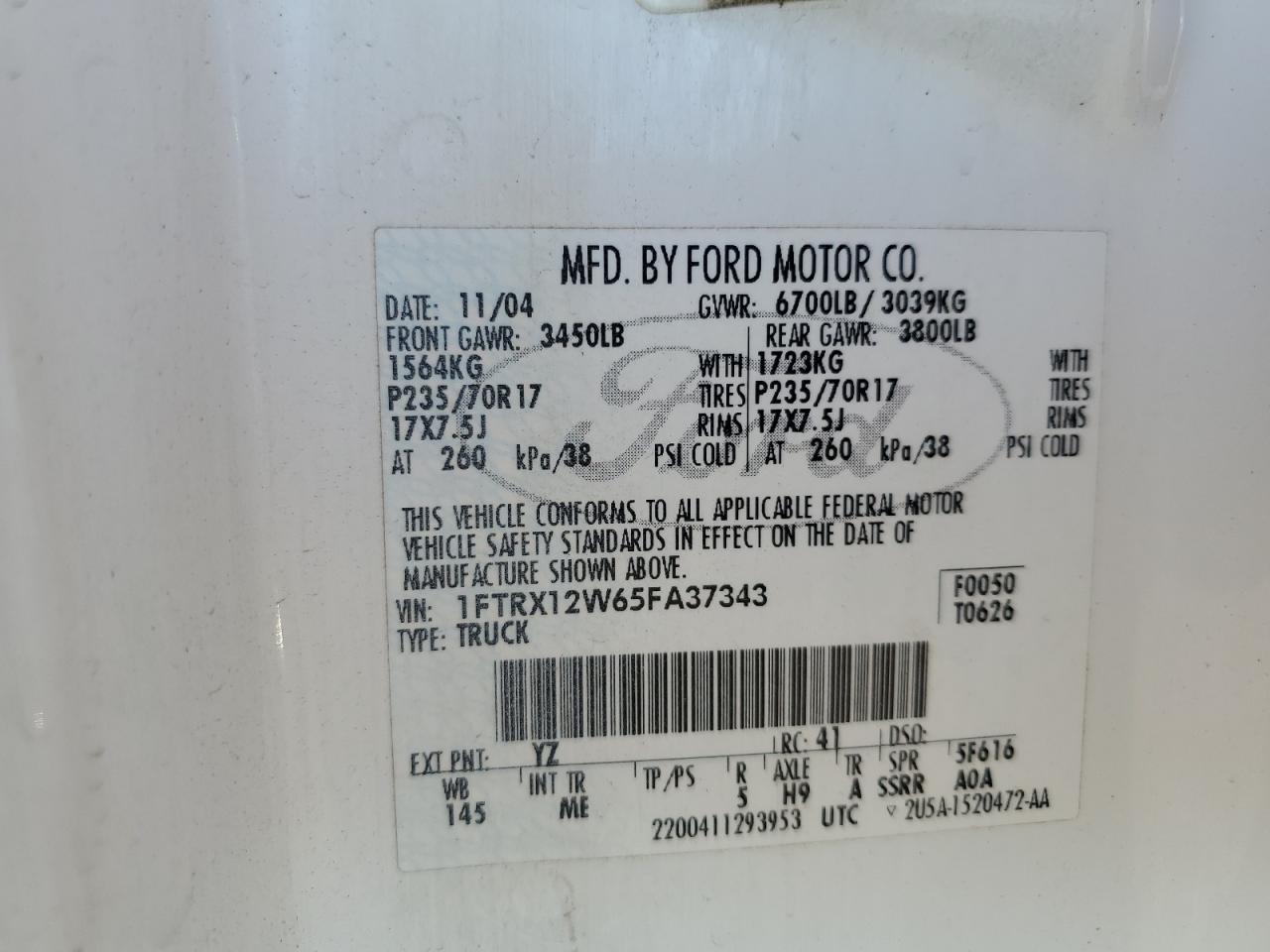 2005 Ford F150 VIN: 1FTRX12W65FA37343 Lot: 80518135