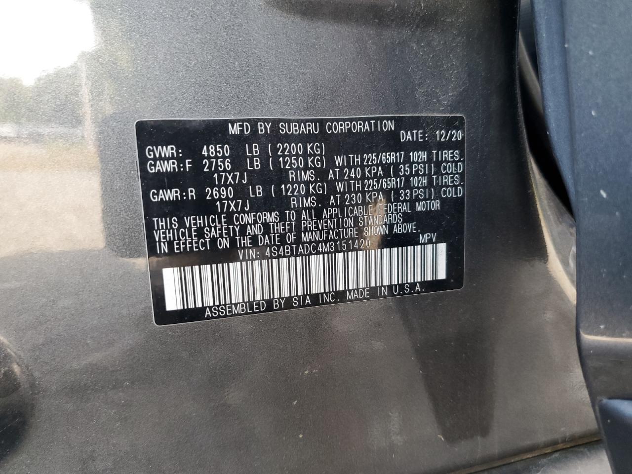 2021 Subaru Outback Premium VIN: 4S4BTADC4M3151420 Lot: 81427695