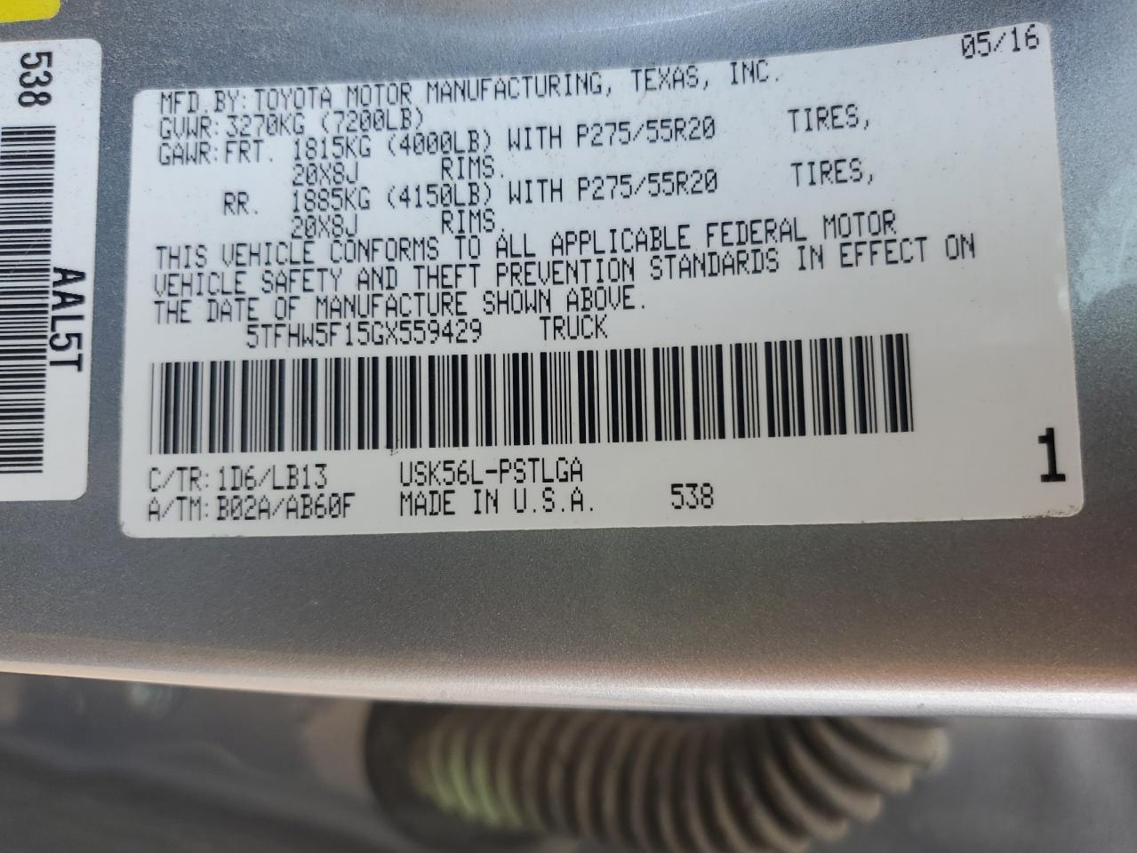 2016 Toyota Tundra Crewmax Limited VIN: 5TFHW5F15GX559429 Lot: 81072305