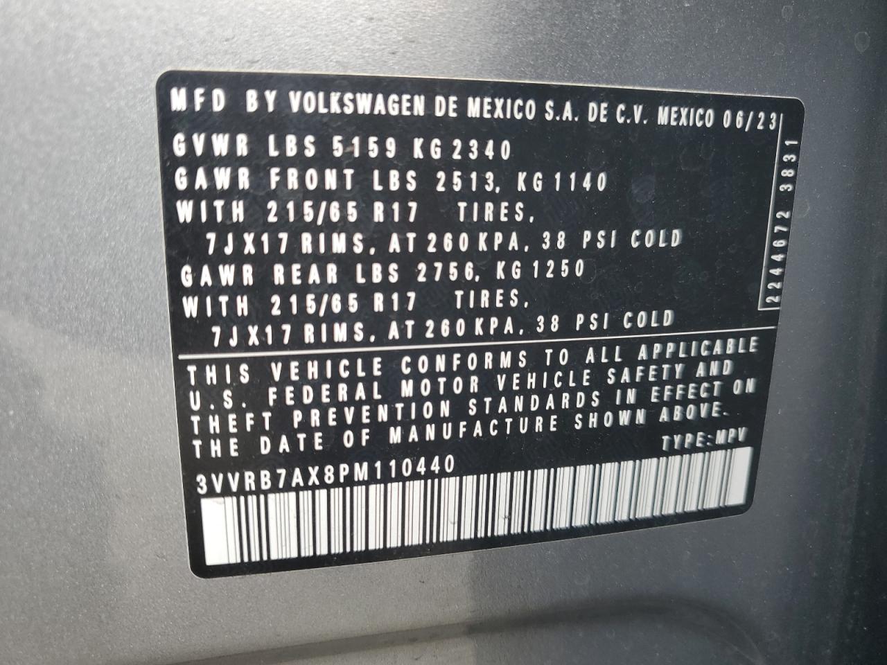 2023 Volkswagen Tiguan S VIN: 3VVRB7AX8PM110440 Lot: 81279625