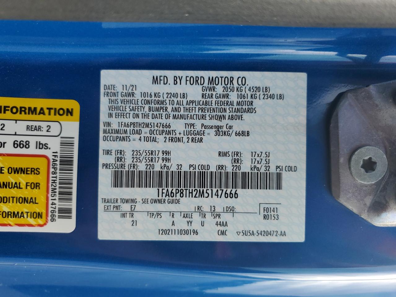 2021 Ford Mustang VIN: 1FA6P8TH2M5147666 Lot: 80259395