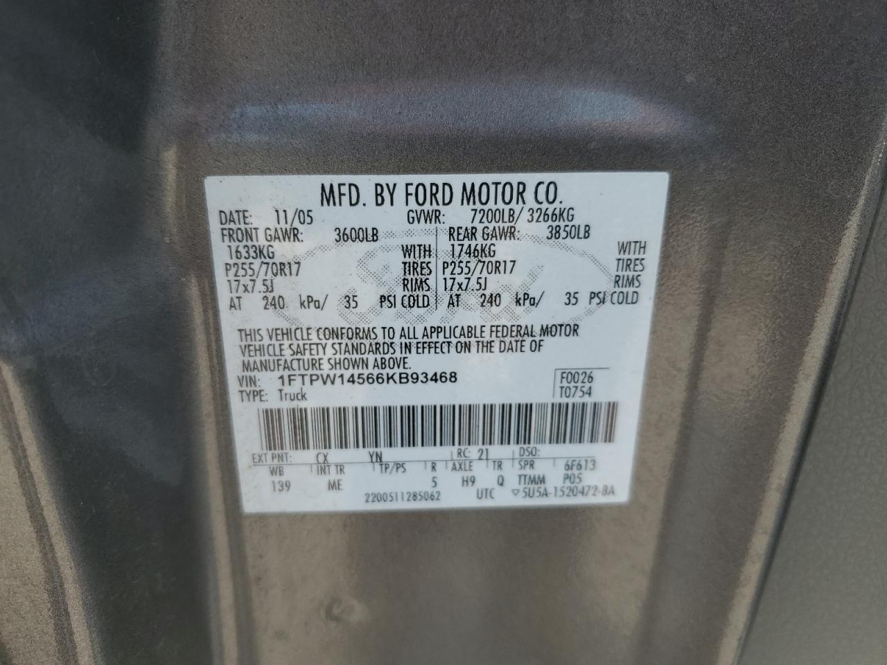 2006 Ford F150 Supercrew VIN: 1FTPW14566KB93468 Lot: 71270855