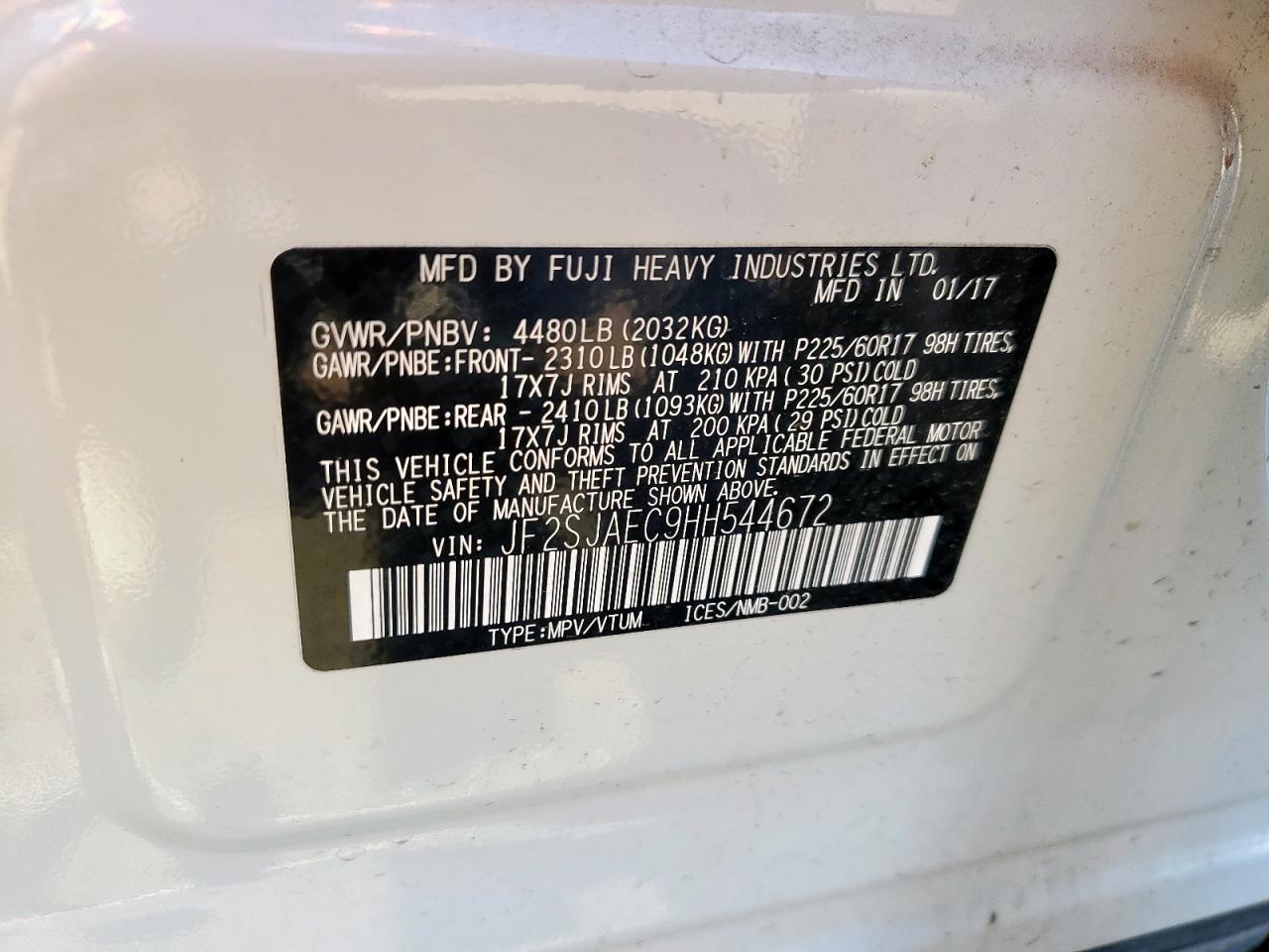 2017 Subaru Forester 2.5I Premium VIN: JF2SJAEC9HH544672 Lot: 71286625