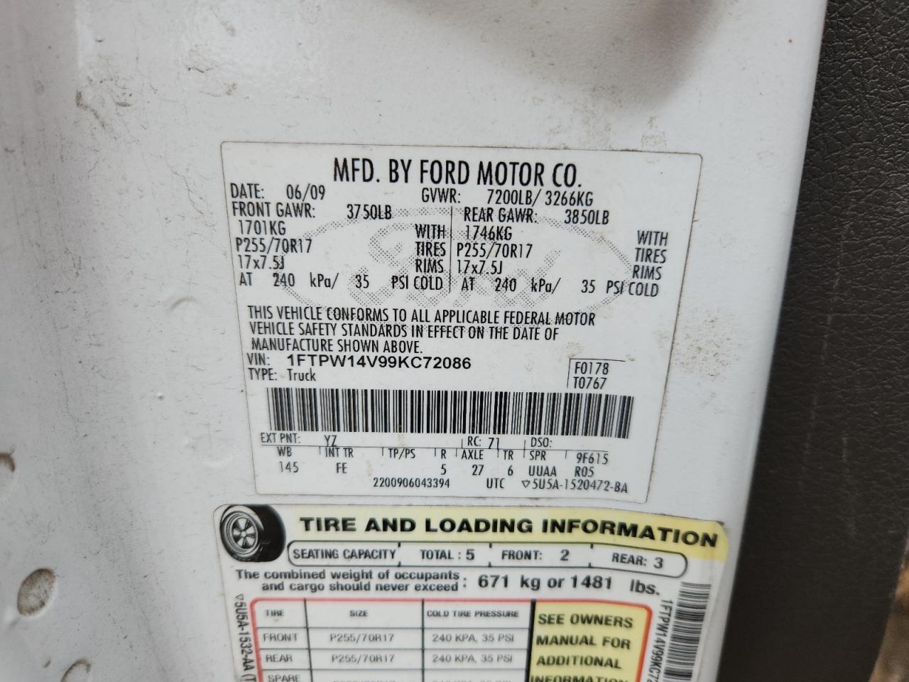 2009 Ford F150 Supercrew VIN: 1FTPW14V99KC72086 Lot: 71225565