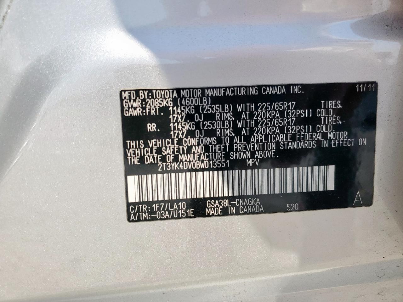 2011 Toyota Rav4 Limited VIN: 2T3YK4DV0BW013551 Lot: 80842395