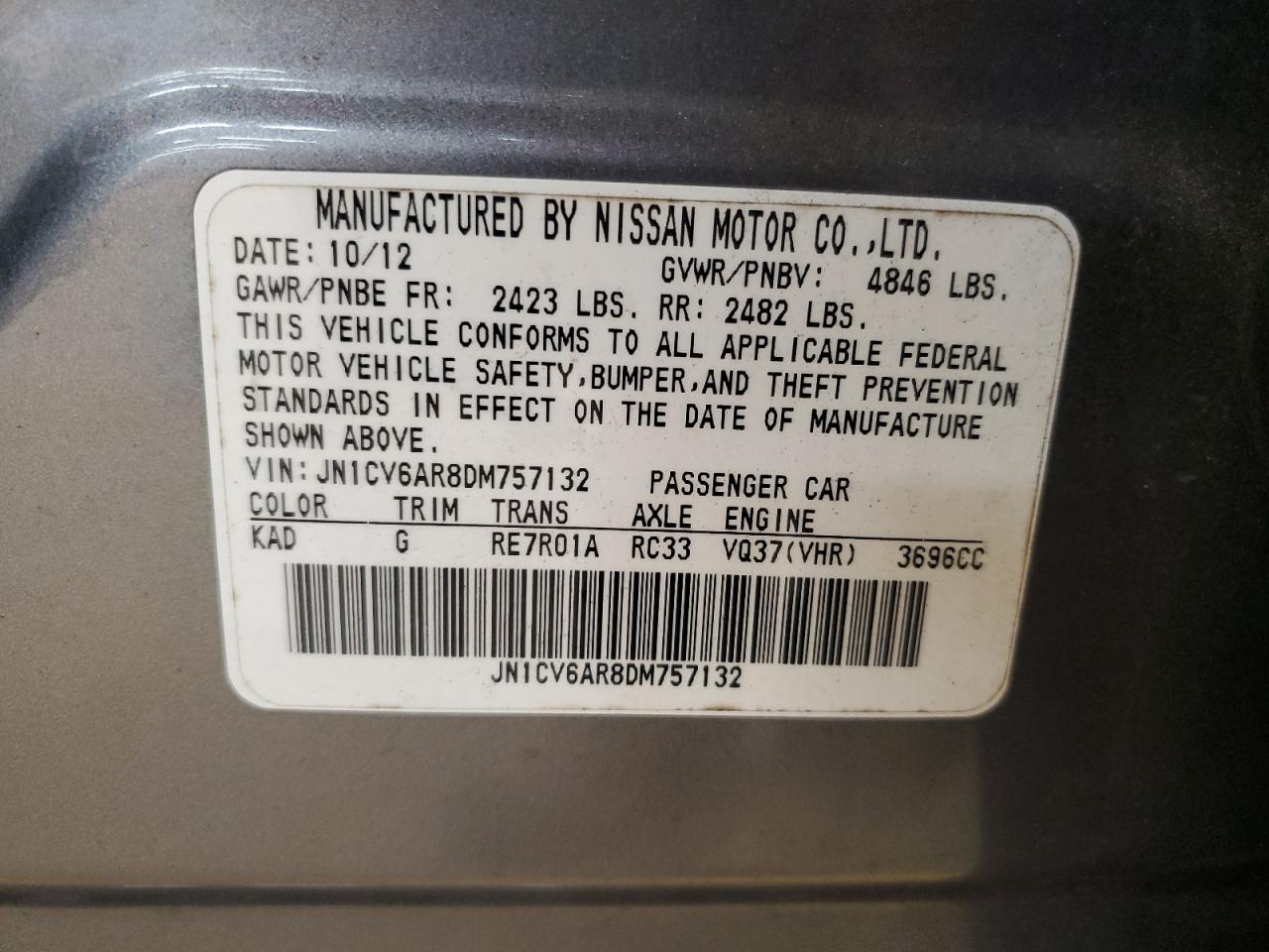 2013 Infiniti G37 VIN: JN1CV6AR8DM757132 Lot: 81752515