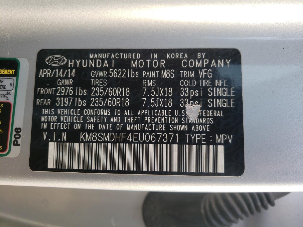 2014 Hyundai Santa Fe Gls VIN: KM8SMDHF4EU067371 Lot: 83859735