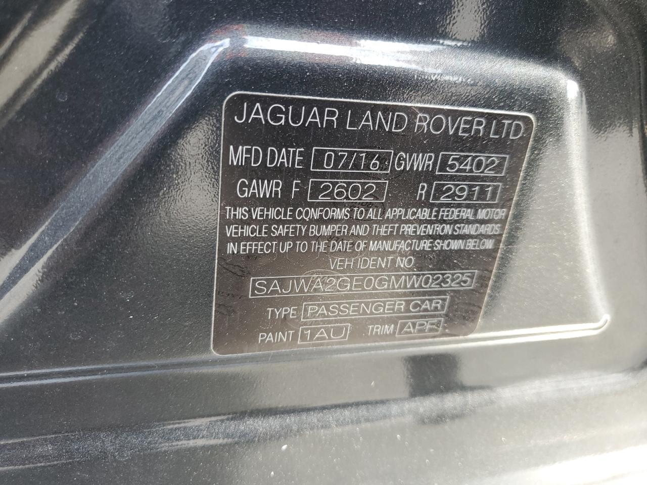 2016 Jaguar Xjl Supercharged VIN: SAJWA2GE0GMW02325 Lot: 81688825