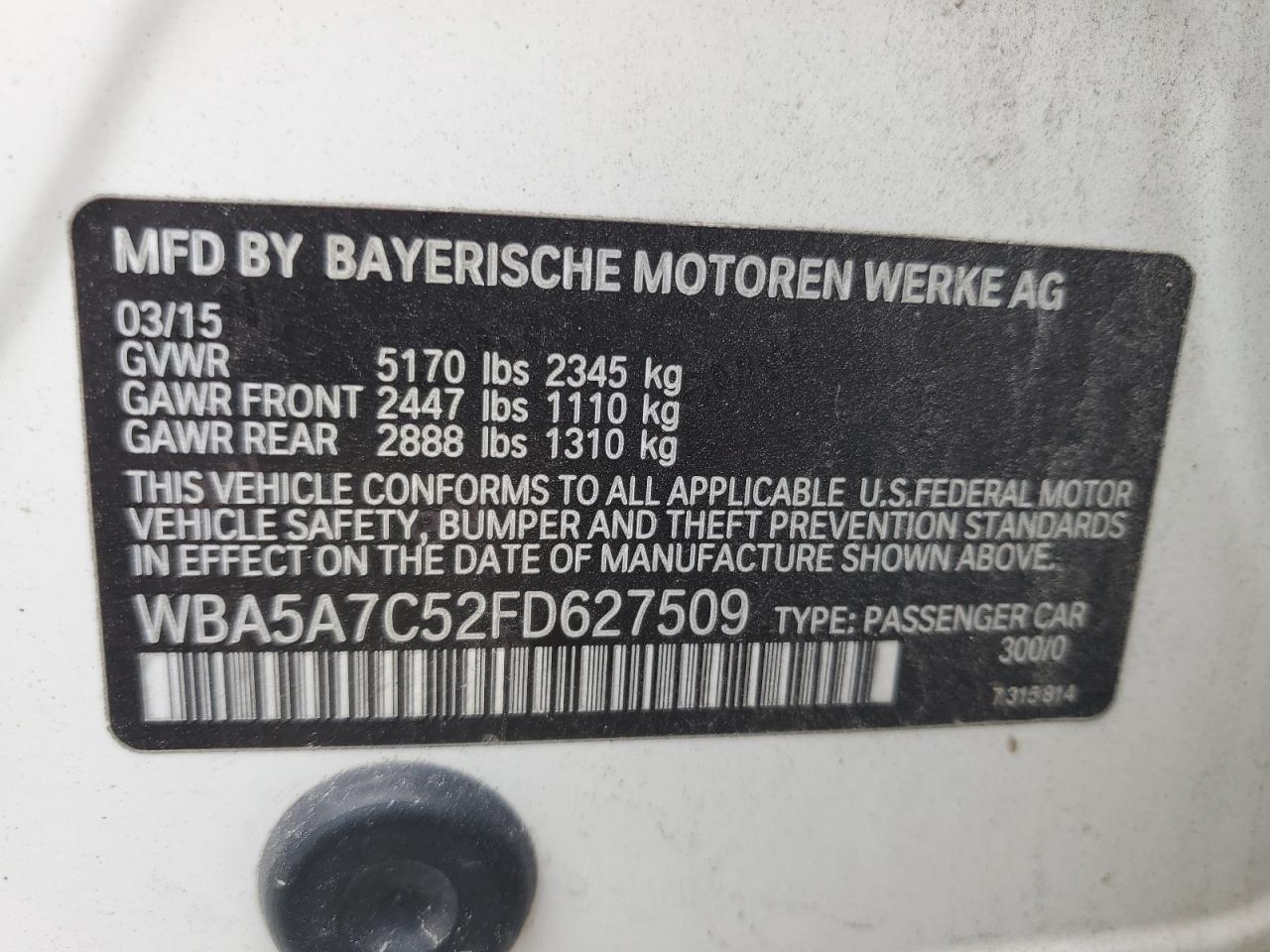 2015 BMW 528 Xi VIN: WBA5A7C52FD627509 Lot: 71317055