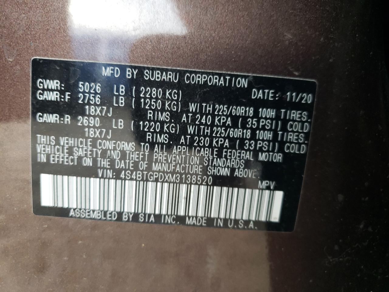 2021 Subaru Outback Touring VIN: 4S4BTGPDXM3138520 Lot: 80880345