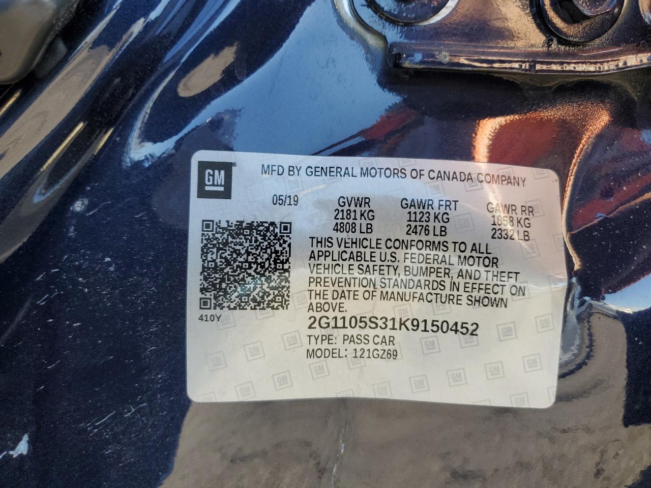 2019 Chevrolet Impala Premier VIN: 2G1105S31K9150452 Lot: 81713595