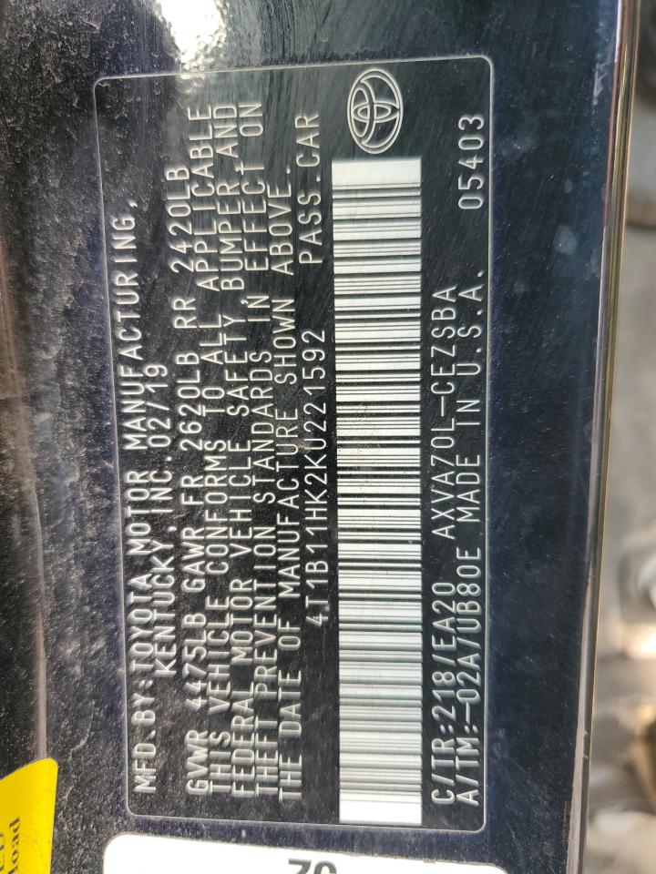 2019 Toyota Camry L VIN: 4T1B11HK2KU221592 Lot: 81525765