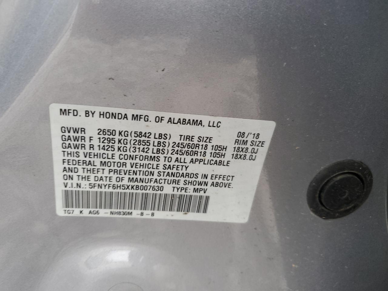 2019 Honda Pilot Exl VIN: 5FNYF6H5XKB007630 Lot: 83961575