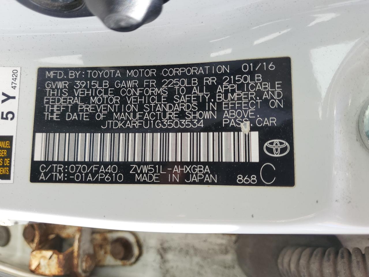 2016 Toyota Prius VIN: JTDKARFU1G3503534 Lot: 69070755