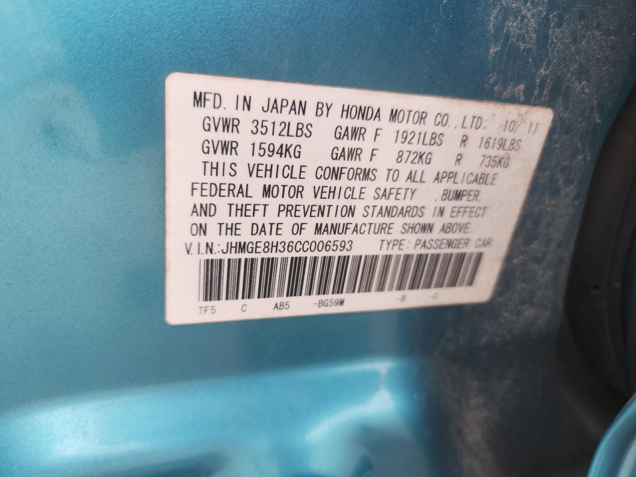 2012 Honda Fit VIN: JHMGE8H36CC006593 Lot: 81558475