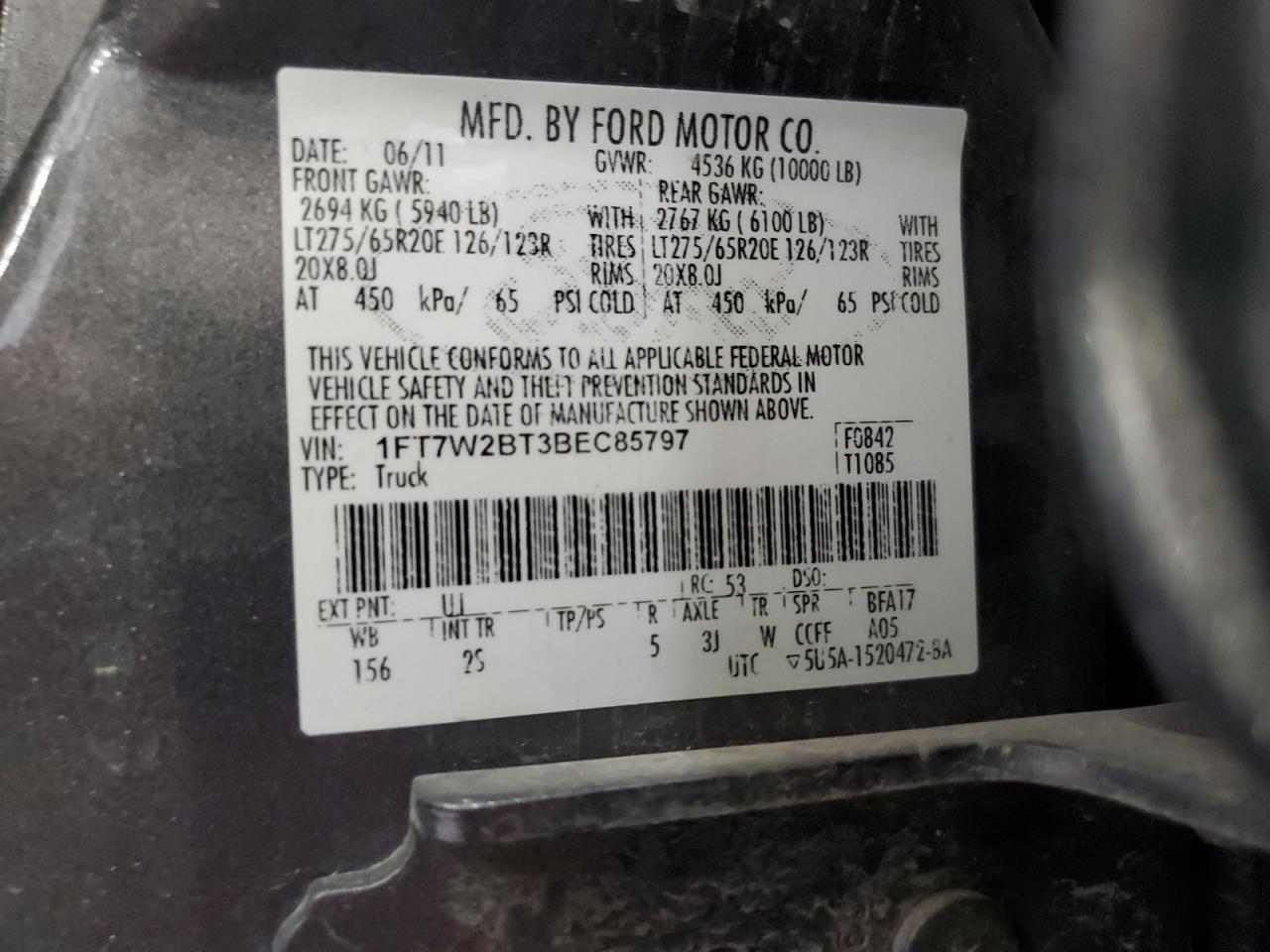 2011 Ford F250 Super Duty VIN: 1FT7W2BT3BEC85797 Lot: 71723205