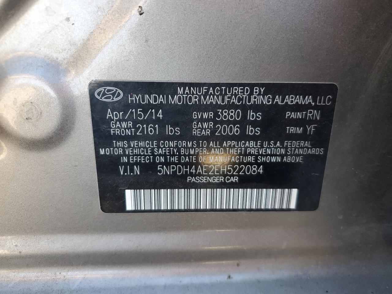 2014 Hyundai Elantra Se VIN: 5NPDH4AE2EH522084 Lot: 81035175