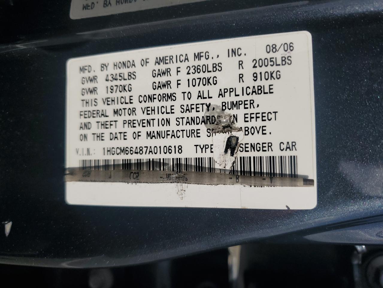 2007 Honda Accord Se VIN: 1HGCM66487A010618 Lot: 81442075