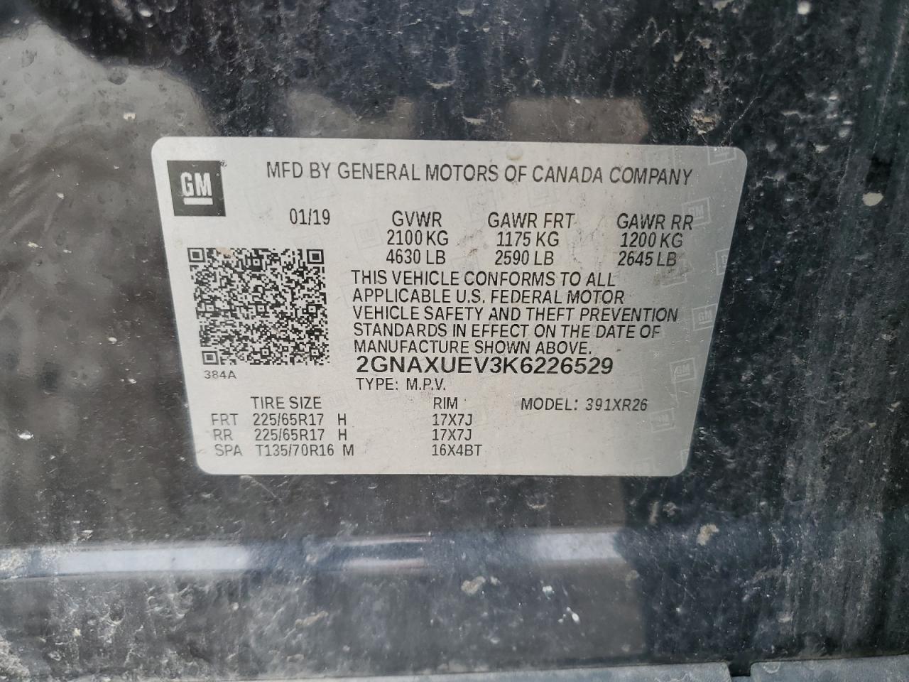 2019 Chevrolet Equinox Lt VIN: 2GNAXUEV3K6226529 Lot: 71906625