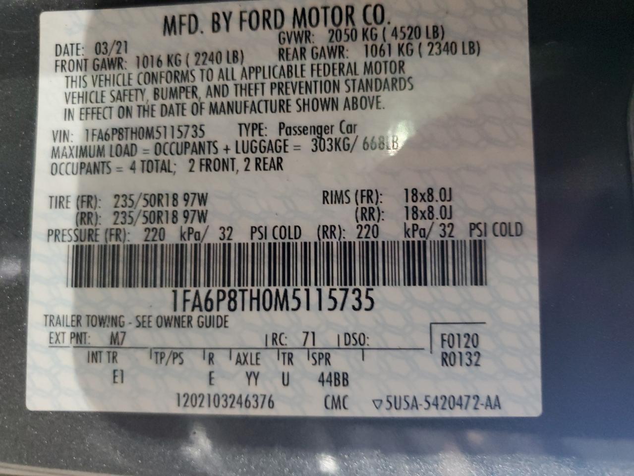 2021 Ford Mustang VIN: 1FA6P8TH0M5115735 Lot: 71540055