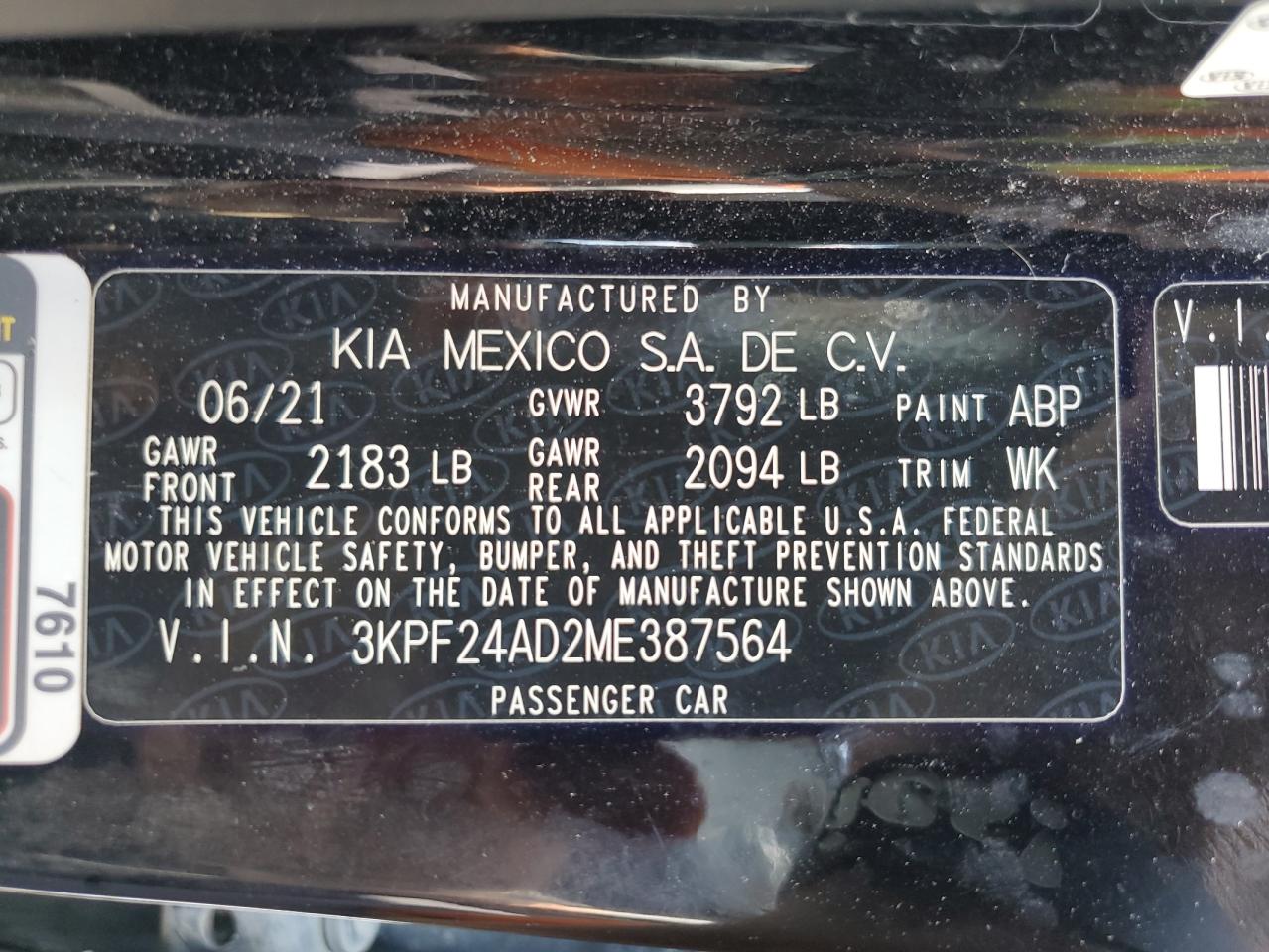 2021 Kia Forte Fe VIN: 3KPF24AD2ME387564 Lot: 82170615