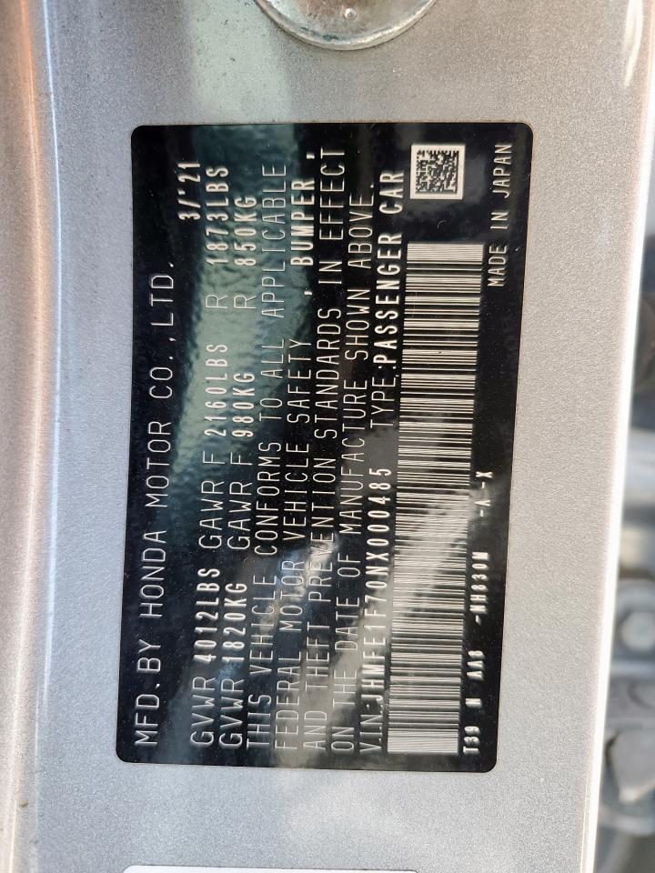 2022 Honda Civic Ex VIN: JHMFE1F70NX000485 Lot: 80095655