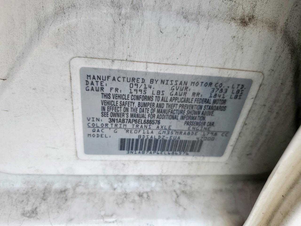 2014 Nissan Sentra S VIN: 3N1AB7AP6EL686576 Lot: 84758895